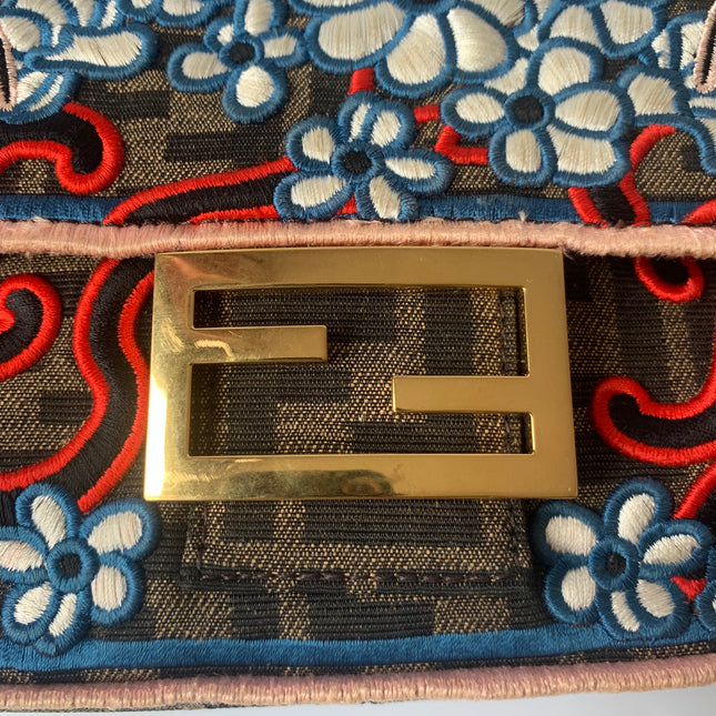 Fendi Baguette Medium Zucca Print with Floral Embroidery Crossbody Bag
