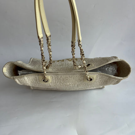 Chanel Deauville Tote Gold Beige Cloth Leather Chain Strap Small 34cm