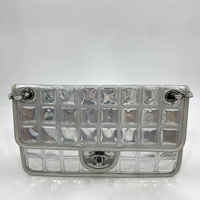 Chanel Ice Cube Chocolate Bar Classic Flap Metallic Silver PVC with Leather