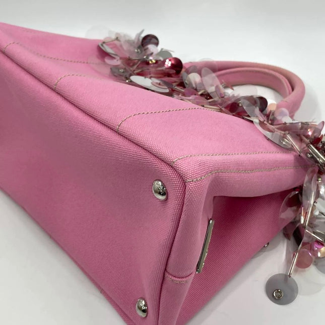 Prada Canape Small Pink Canvas with Sequins Top Handle Bag with Strap Rare