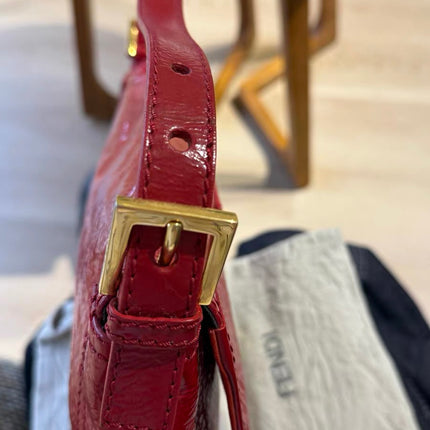 FENDI Baguette Red Crinkled Patent Leather Shoulder Bag
