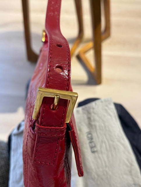 FENDI Baguette Red Crinkled Patent Leather Shoulder Bag