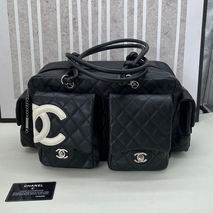 Chanel Cambon Multi-pocket Ligne Reporter Bag Large Black Calfskin Leather White Logo-Luxbags