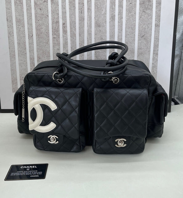 Chanel Cambon Multi-pocket Ligne Reporter Bag Large Black Calfskin Leather White Logo-Luxbags