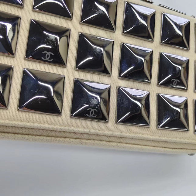 Chanel Ivory Jersey Evening Bag with Mirrored Pyramid Studs Ice Cube Chocolate Bar Shoulder Bag