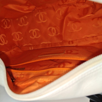 Chanel Cambon Medium Shoulder Bag White Calfskin Leather Snake-skin CC Logo Black Double Strap