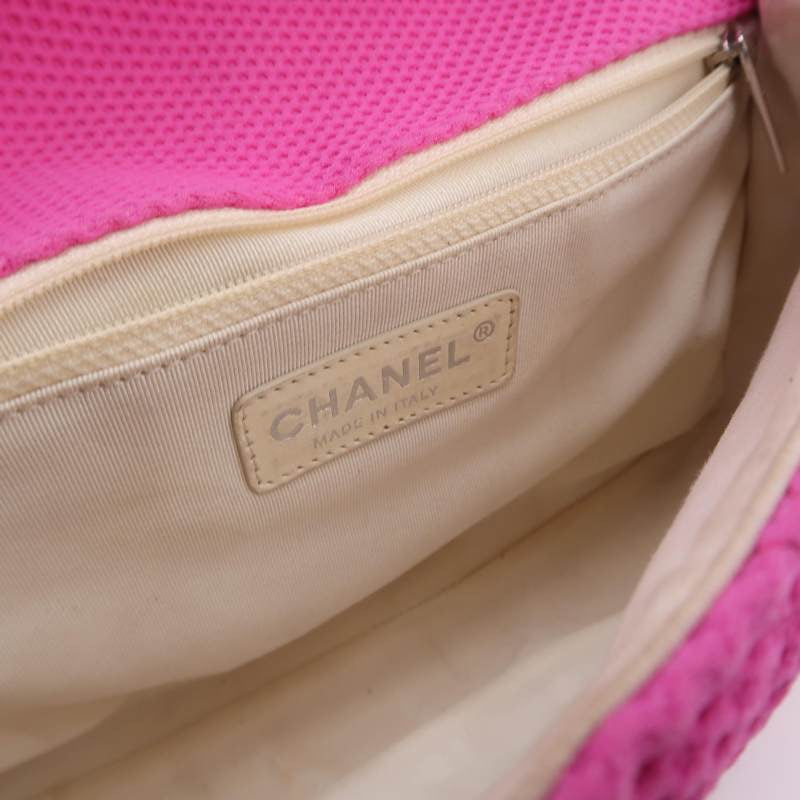 Chanel Flap Bag Medium Pink Perforated Fabric Yellow Patent Leather Stap 2009-2010