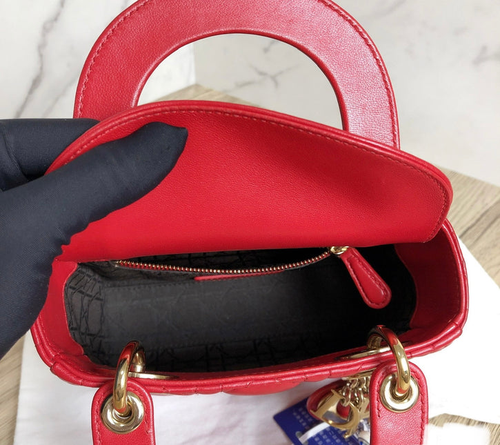 Sold Lady Dior Red Mini handbag Cannage Leather with strap