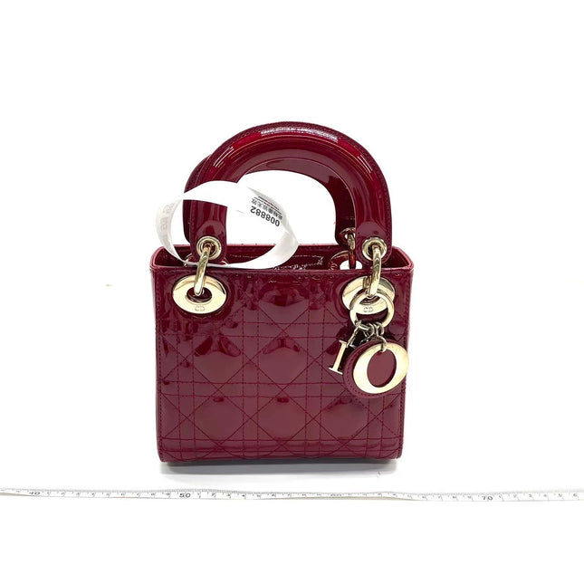 Lady Dior Mini 2020 Red Burgundy Patent Leather Gold Hardware Suede Interior Chain Strap