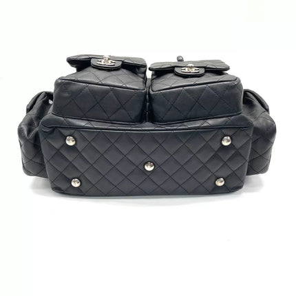 Chanel Cambon Multi-pocket Ligne Reporter Bag Large Black Calfskin Leather White Logo