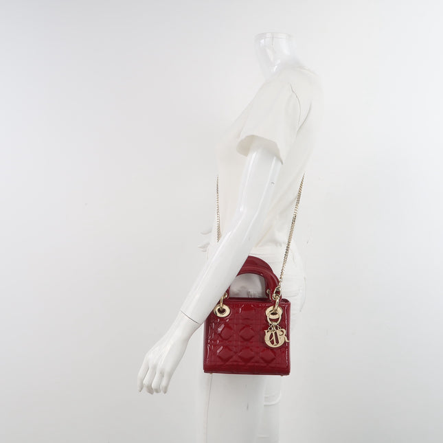 Lady Dior Mini Handbag 2017 Red Patent Leather Gold-tone Chain Strap