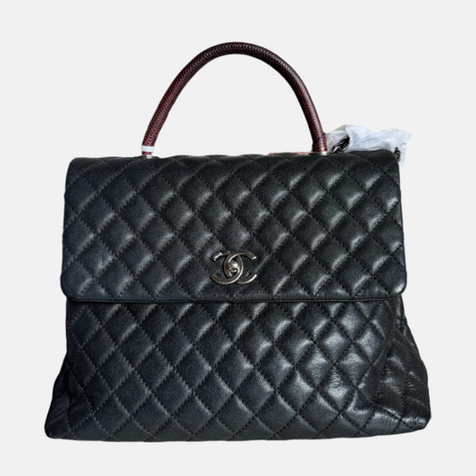 Chanel Coco Handle Maxi Black Caviar Leather Burgundy Lizard Handle Silver Hardware 32cm-Luxbags