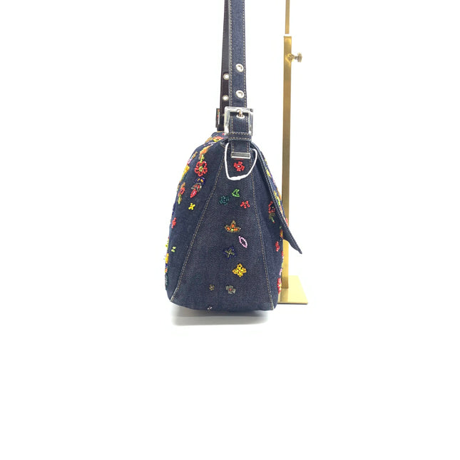 FENDI Mamma Baguette Blue Denim with Floral Beads Vintage