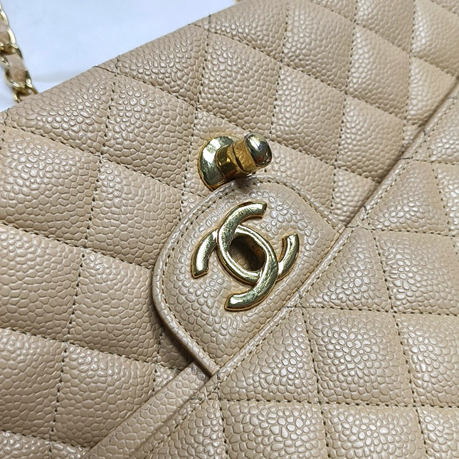 Chanel Timeless Classic Flap Medium Beige Caviar Leather Gold Hardware