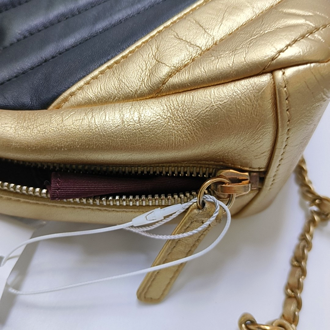 Chanel Camera Bag Chevron Stitching Black Gold Lambskin Leather Double Gold Chain, 2014
