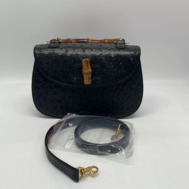 Rare Gucci Bamboo 1947 Vintage Ostrich Leather Medium Black With Strap