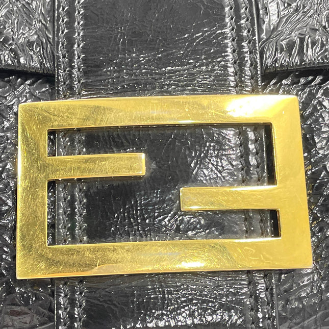 FENDI Baguette Large Black Crinkled Patent Leather Shoulder Bag