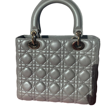 Sold Lady Dior Pearlescent Grey Medium Lambskin Cannage Leather Handbag