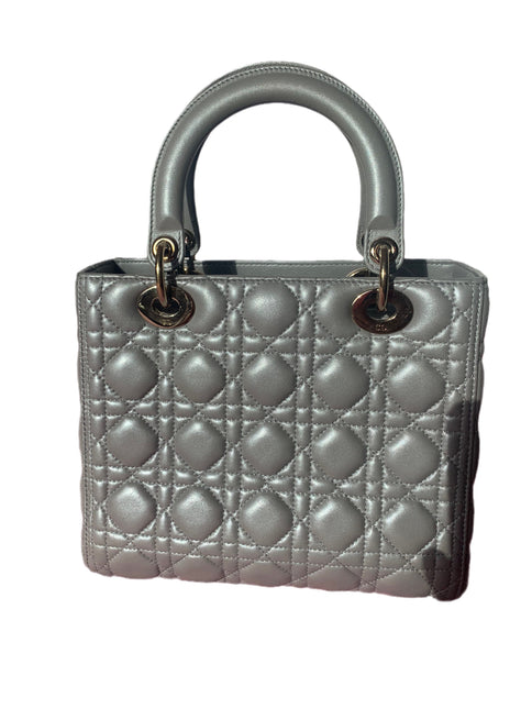 Sold Lady Dior Pearlescent Grey Medium Lambskin Cannage Leather Handbag