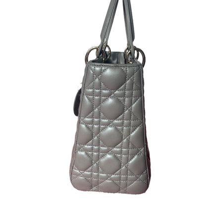 Sold Lady Dior Pearlescent Grey Medium Lambskin Cannage Leather Handbag