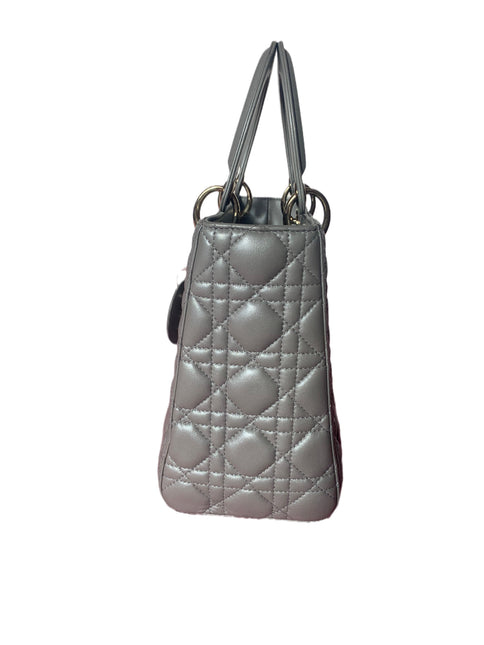 Sold Lady Dior Pearlescent Grey Medium Lambskin Cannage Leather Handbag
