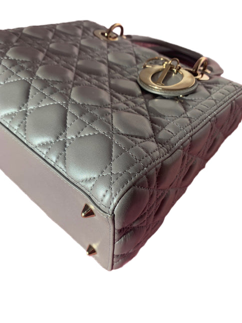 Sold Lady Dior Pearlescent Grey Medium Lambskin Cannage Leather Handbag
