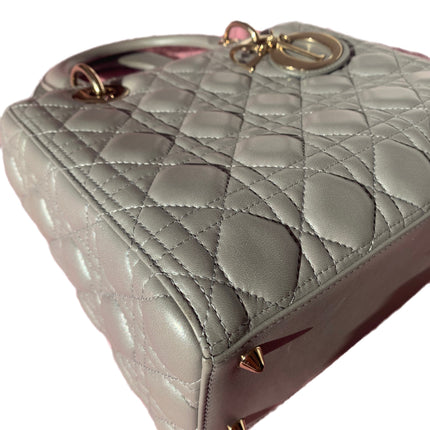 Sold Lady Dior Pearlescent Grey Medium Lambskin Cannage Leather Handbag