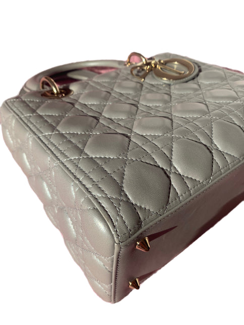 Sold Lady Dior Pearlescent Grey Medium Lambskin Cannage Leather Handbag