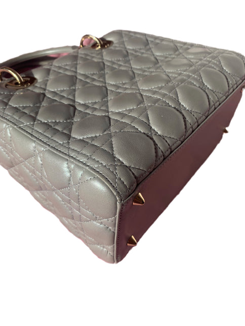 Sold Lady Dior Pearlescent Grey Medium Lambskin Cannage Leather Handbag