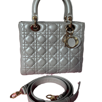 Sold Lady Dior Pearlescent Grey Medium Lambskin Cannage Leather Handbag