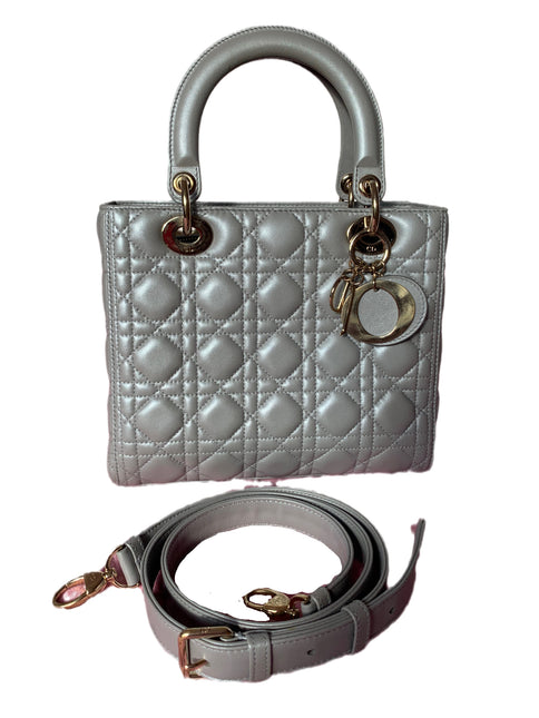 Sold Lady Dior Pearlescent Grey Medium Lambskin Cannage Leather Handbag