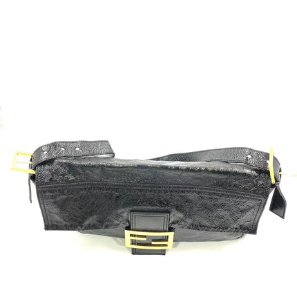 FENDI Baguette Large Black Crinkled Patent Leather Shoulder Bag