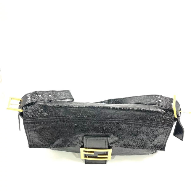 FENDI Baguette Large Black Crinkled Patent Leather Shoulder Bag