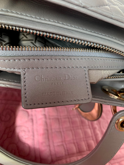 Sold Lady Dior Pearlescent Grey Medium Lambskin Cannage Leather Handbag