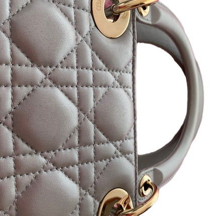Sold Lady Dior Pearlescent Grey Medium Lambskin Cannage Leather Handbag