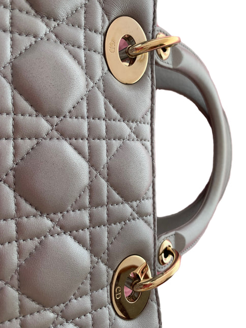 Sold Lady Dior Pearlescent Grey Medium Lambskin Cannage Leather Handbag