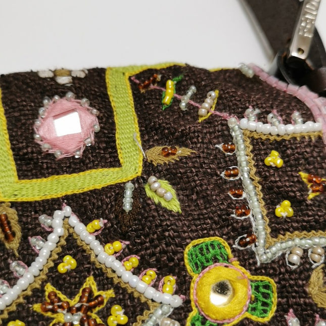 Fendi Baguette Vintage Brown Canvas with embroidery sequins mirrors and tassels