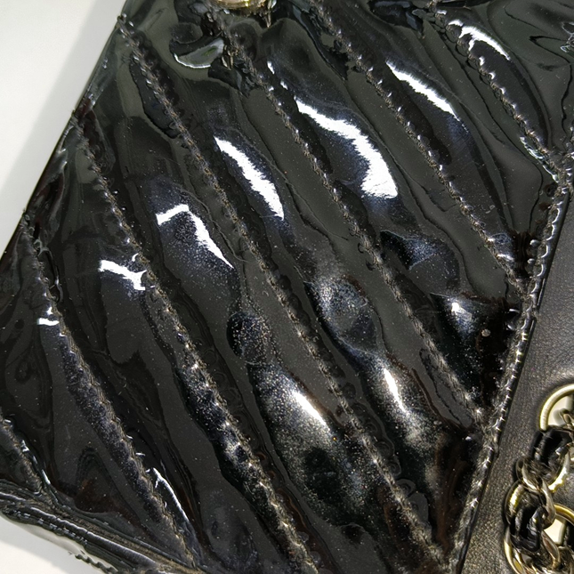 Sold Chanel Baguette Flap Shoulder Bag Chevron Black Patent Leather Silver Double Chain