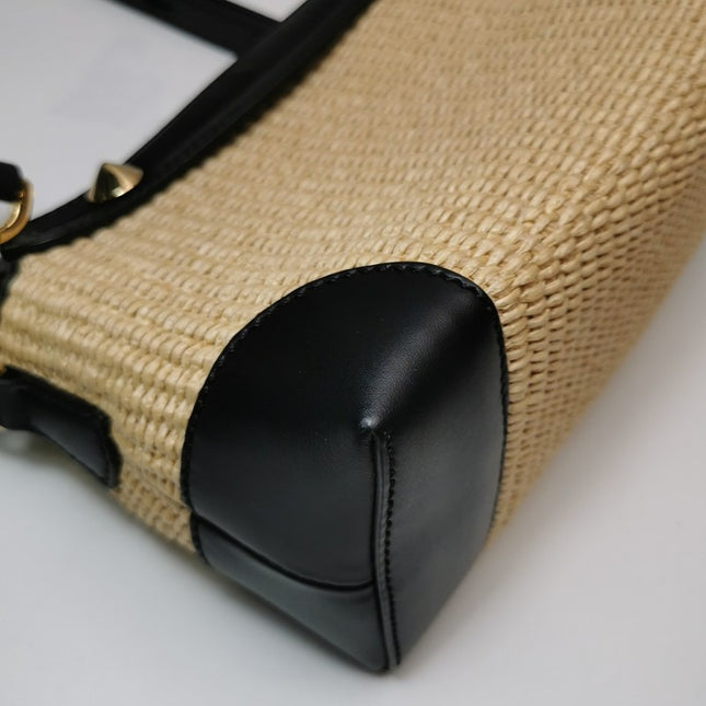 Sold Fendi By The Way Mini Raffia Straw Black Leather Crossbody Bag