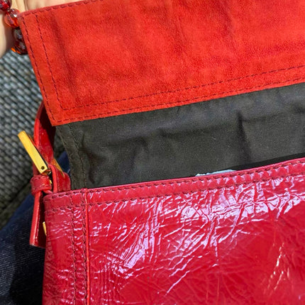 FENDI Baguette Red Crinkled Patent Leather Shoulder Bag