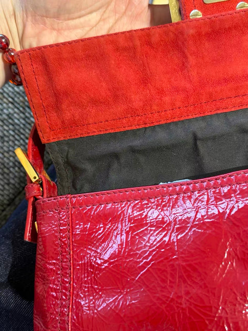 FENDI Baguette Red Crinkled Patent Leather Shoulder Bag