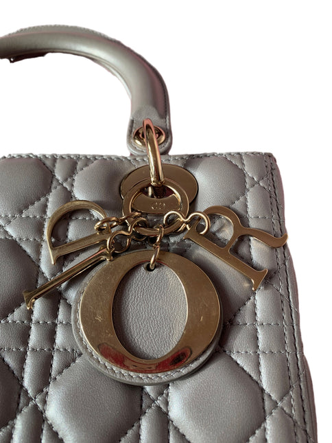 Sold Lady Dior Pearlescent Grey Medium Lambskin Cannage Leather Handbag