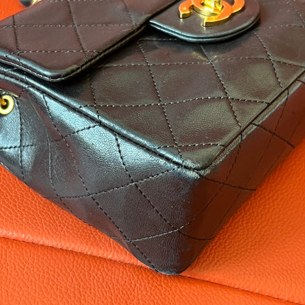 Chanel Vintage Classic Flap Mini Square Black Lambskin 24k Gold HW, 1989-1991