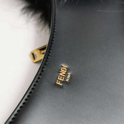 FENDI O Lock Black Leather and Faux Fur Shoulder Bag