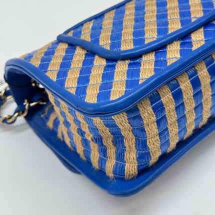 Chanel Mini Raffia Jute Striped Flap Bag Blue Diamond Wild Stitch