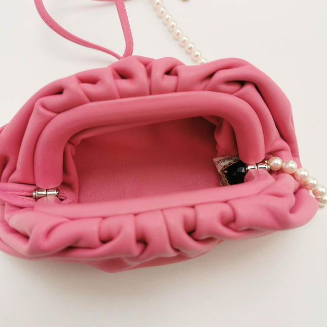 SOld Bottega Veneta Pouch Super Mini Pink Calfskin Leather Crossbody Bag Pearl Chains