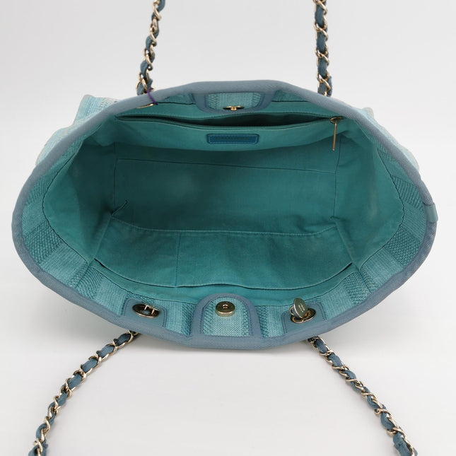 Chanel Deauville Tote Light Blue Turquoise Stripes Cloth Leather Chain Handle Small 34cm