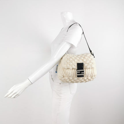 Fendi Mamma Baguette White Crochet Pompom Shoulder Bag