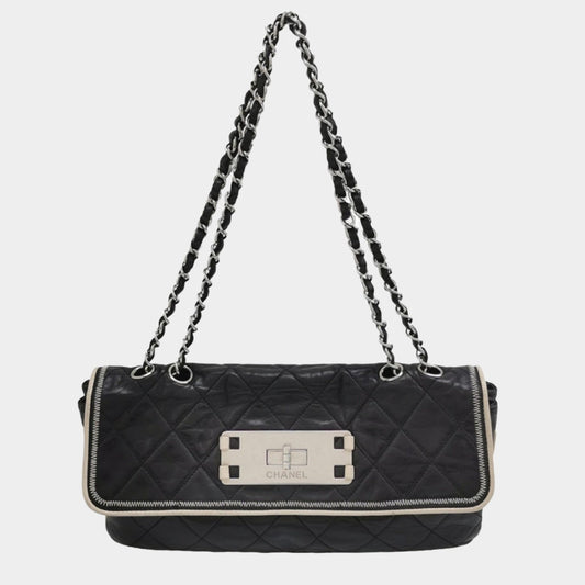 Chanel East West Mademoiselle Flap Bag 2008 Medium Black Leather Shoulder Bag-Luxbags
