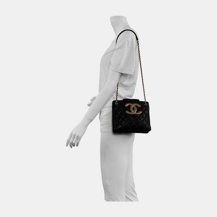 Chanel CC Small Shoulder Bag Giant Gold-tone CC Logo Black Lambskin Leather